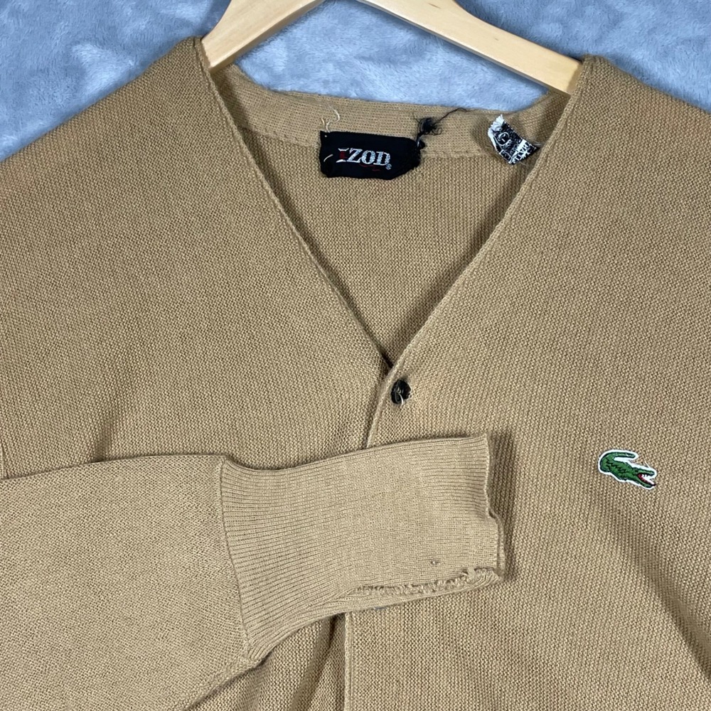 Vintage Izod Lacoste Cardigan Sweater Camel Tan Orlon Acrylic Mens Large Logo